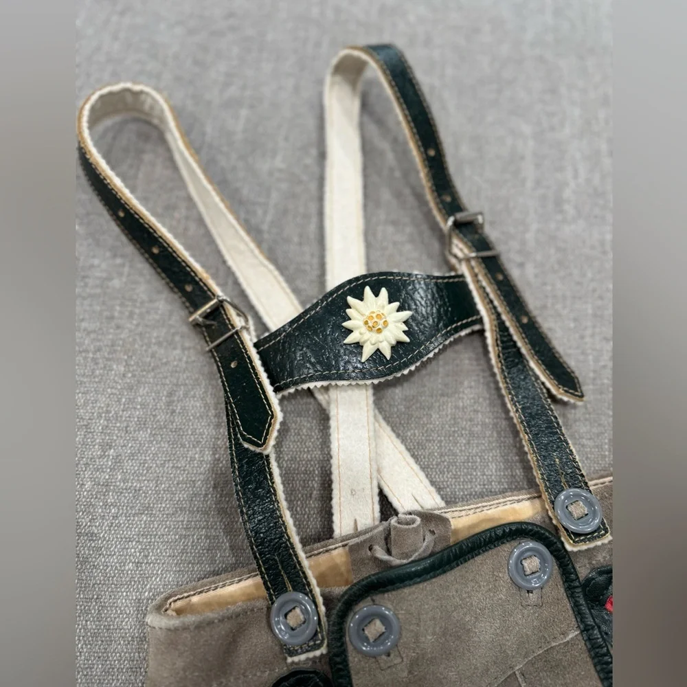 Vintage‎ Bavarian Toddler Lederhosen 3T Suede Leather w/ H-Suspenders, Edelweiss